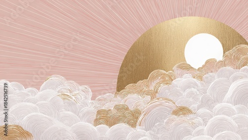 Pastel pink background with gold sun and clouds