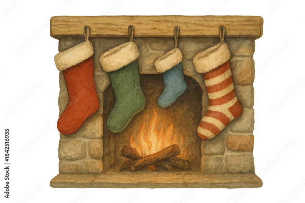 Obraz premium Cozy christmas fireplace with burning fire and holiday stockings hanging, creating a warm festive atmosphere