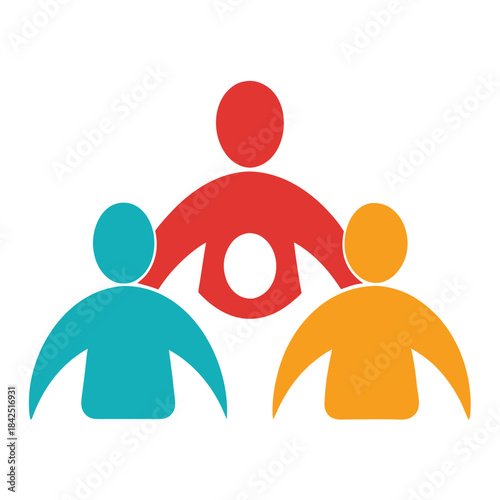 Abstract design representing teamwork with three stylized human figures collaborating isolated on white background