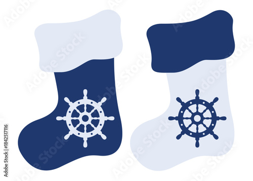 Logo nautical. Silueta de volante de timón de barco en calcetín de Santa Claus para tarjetas y felicitaciones de Navidad
