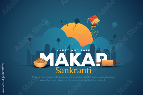 Makar Sankranti Poster design with string, ladoo and cityscape. Makar Sankranti is a Hindu harvest festival celebrated across India. Creative vector illustration.