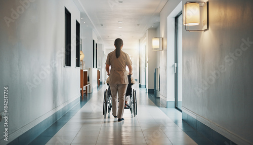介護施設の廊下で車椅子を押す介護士の後ろ姿