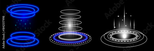 Virtual abstract futuristic portal hologram round circle square cyber realistic vector illustration set tech game laboratory 
