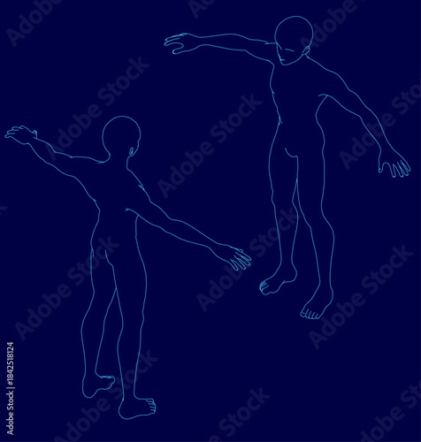 Anime-style male silhouette in a determined pose stands with a companion against a dark blue background.