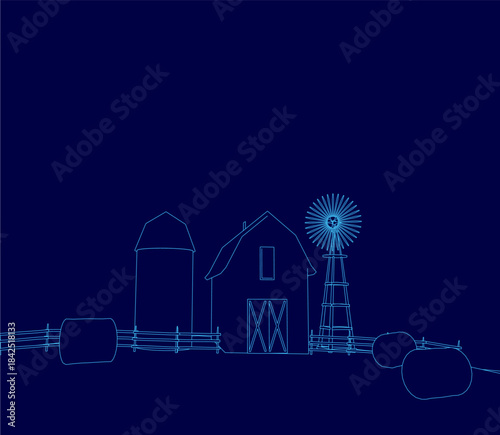 A blue barn with a crisp white contour stands behind a wooden fence. A tall windmill rises against a dark blue sky in the background.