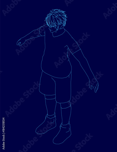 A young boy wearing headphones is depicted in a minimalist blue contour drawing against a dark background.
