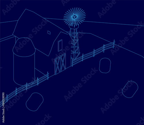 A detailed house blueprint features a prominent windmill on a farm, set against a dark blue contour background. The technical drawing presents clean architectural lines and sustainable energy.