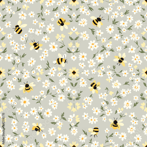 A charming seamless pattern featuring a delightful arrangement of small white daisies and yellow wildflowers, interspersed with adorable cartoon bees, set against a soft grey background.