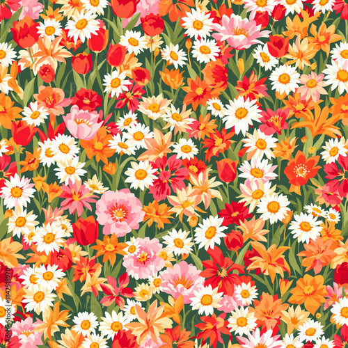 A vibrant and dense field of colorful spring and summer flowers including daisies, tulips, and various blossoms, creating a cheerful floral pattern.