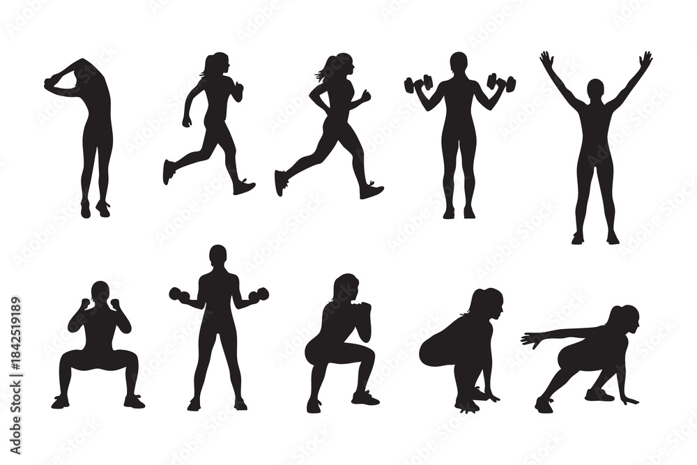 Obraz premium Fitness Silhouette Bundle Male & Female Workout Gym Yoga Exercise Vector Set