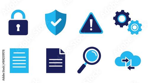 Set of flat icons representing data security, technology, and system processes