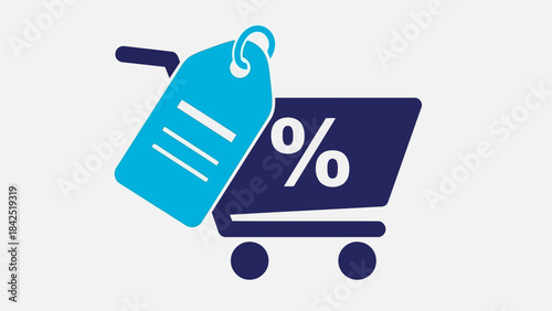A vector illustration of a shopping cart with a percentage sign and a discount tag