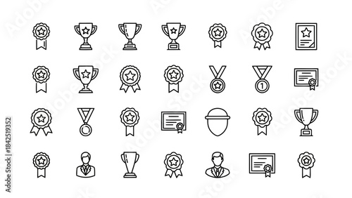 A large collection of award and achievement line icons including trophies, medals, and certificates