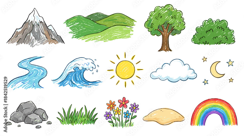 Fototapeta premium A collection of colorful hand-drawn natural elements including mountains, hills, trees, bushes, rivers, waves, sun, clouds, moon, stars, rocks, grass, flowers, an island, and a rainbow.