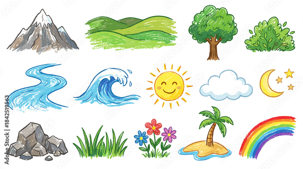 Naklejka premium A collection of colorful hand-drawn natural elements including mountains, hills, trees, bushes, rivers, waves, sun, clouds, moon, stars, rocks, grass, flowers, an island, and a rainbow.