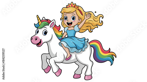 Cute cartoon princess riding a magical unicorn with a rainbow mane and tail