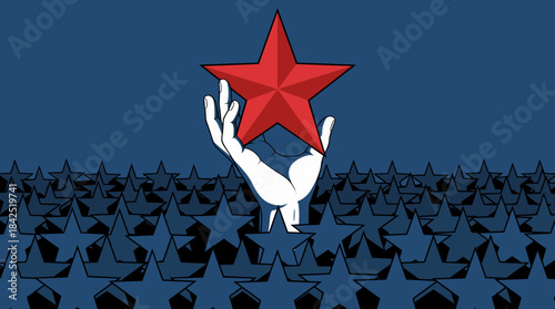 A stylized white arm emerges from a sea of blue stars to hold a large red star above.