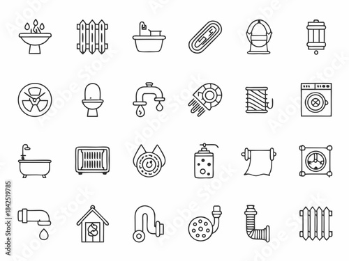 Collection of clean line art icons representing plumbing, heating, and bathroom fixtures.