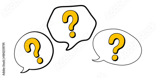 A trio of hand-drawn question marks inside speech bubbles indicating confusion and inquiry