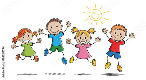 A cheerful group of doodle children jumping happily together on a sunny day