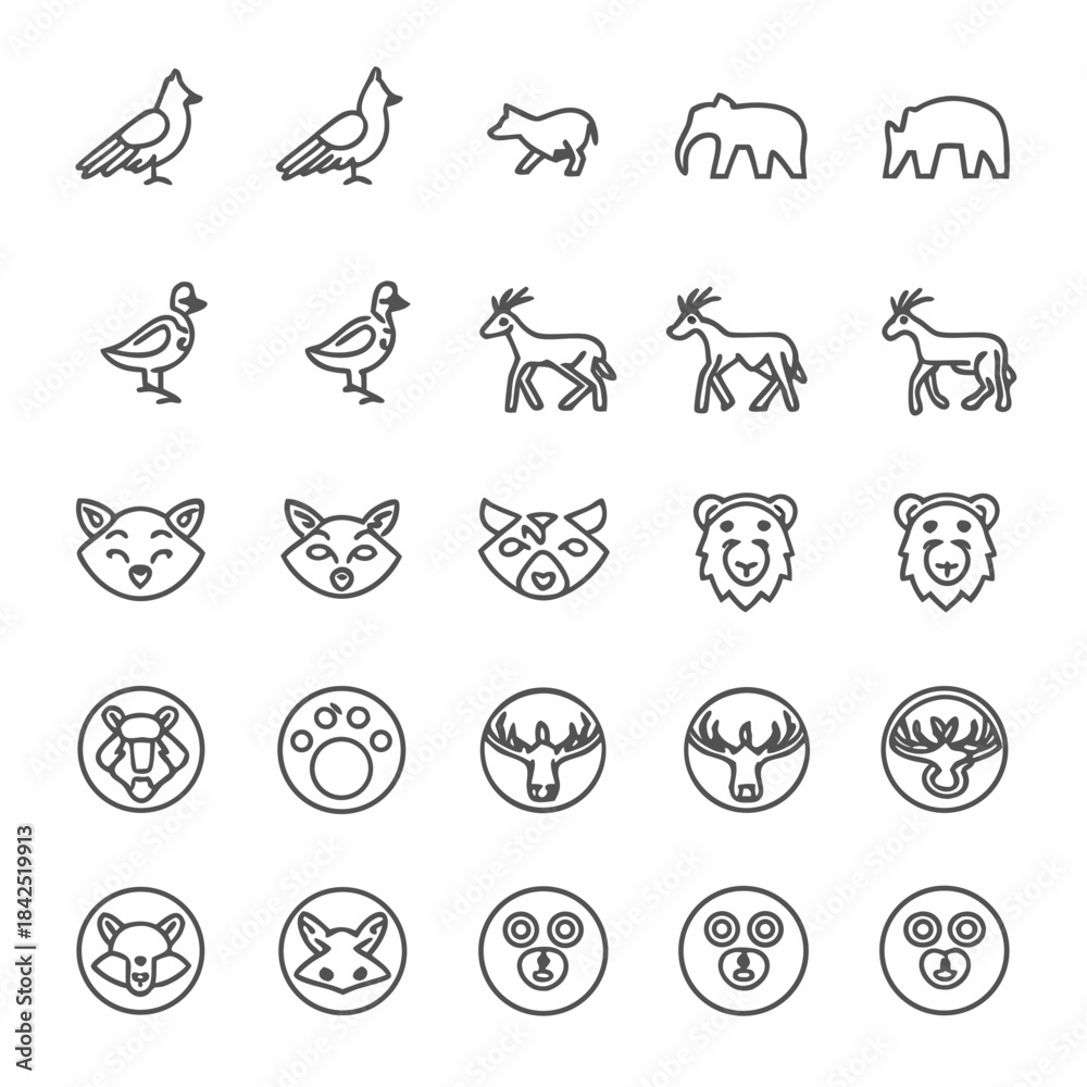 Fototapeta premium Charming collection of diverse animal icons, showcasing wildlife in simple line art style