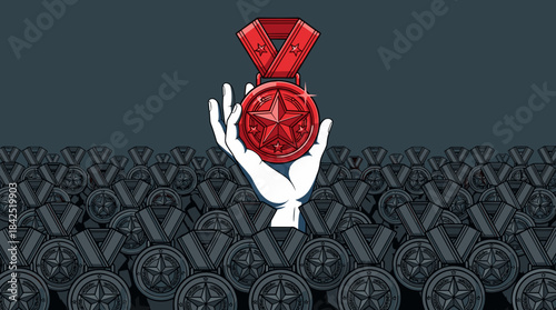 A single red medal is held aloft by a white hand, rising above a crowd of identical dark medals.