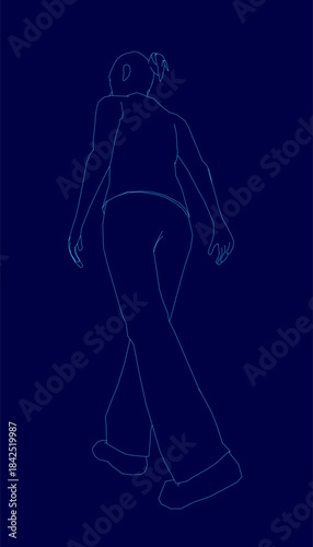 A determined woman walks with purpose in a blue contour drawing. Her hair is in a neat bun and her limbs are outstretched in a dynamic walking pose against a solid blue background.