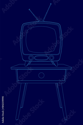 An old-fashioned retro television with a distinctive woodgrain contour sits on a simple table against a solid blue background.