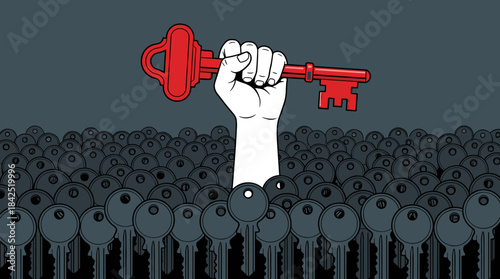 A single hand emerges from a crowd of identical keys, holding a large red key aloft.