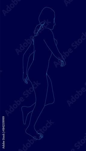 A woman runs in dynamic motion, captured as a minimalist line art contour drawing. The single continuous outline emphasizes speed and athletic energy.