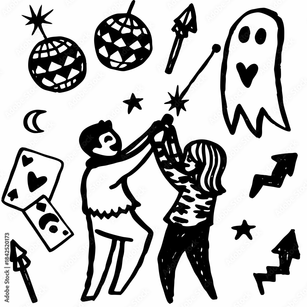 Fototapeta premium Joyful couple dancing under disco balls and stars, surrounded by playful party elements