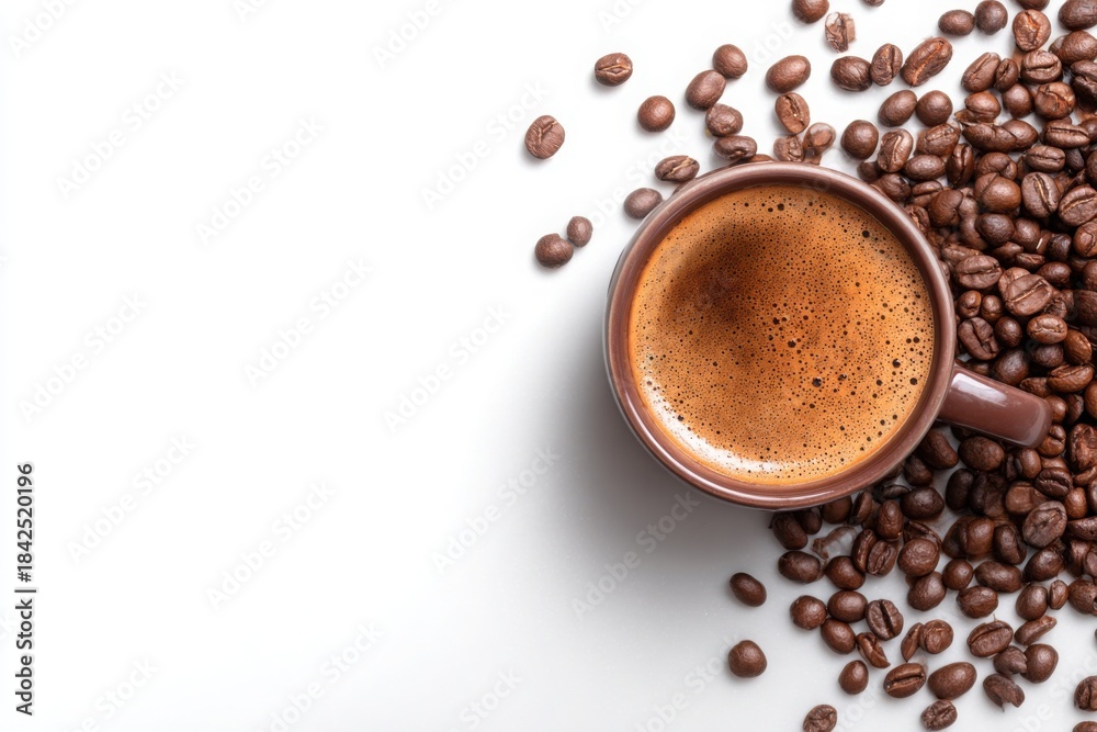 Obraz premium Fresh cup of coffee with roasted beans