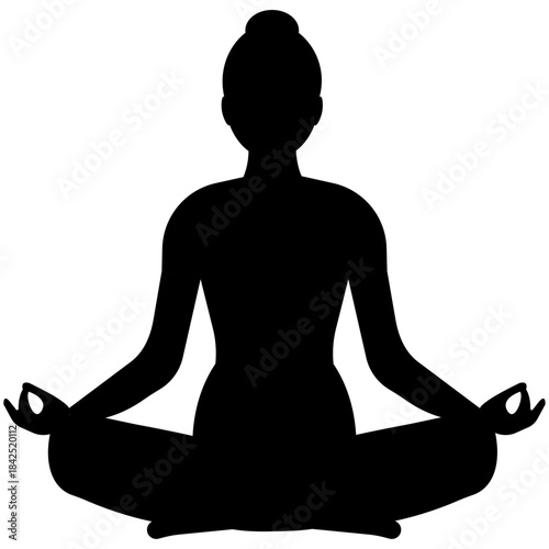 Black silhouette of a female doing yoga or meditation in the lotus position isolated on a transparent background