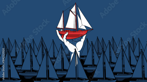 A hand holding a red sailboat above a sea of identical blue sailboats, symbolizing uniqueness and leadership.