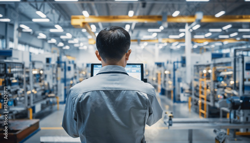 工場内でタブレットを操作する日本人作業員の後ろ姿