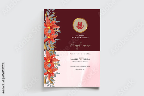 WEDDING INVITATION FRAME WITH FLOWER DECORATIONS AND FRESH LEAVES