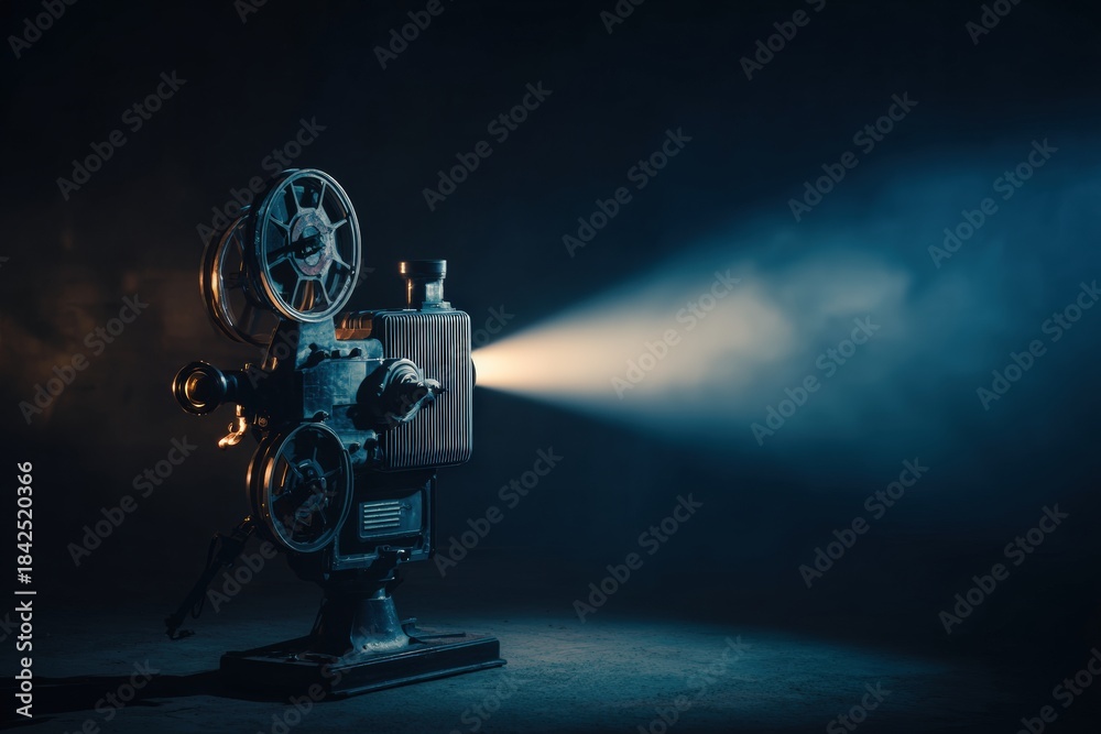 Fototapeta premium Vintage film projector, spotlight, dark studio