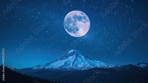 Full moon and star trails over snow-covered mountain at night. Long exposure captures motion of stars around clear night sky. Generative by AI
