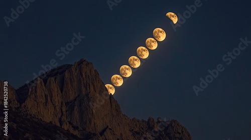 Full moon and star trails over snow-covered mountain at night. Long exposure captures motion of stars around clear night sky. Generative by AI
