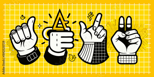 Creative hands express ideas with positive gestures and abstract symbols on a vibrant yellow background.