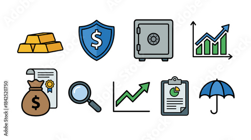 A collection of financial and banking icons, including gold bars, a safe, money bags, charts, documents, and security symbols, representing investment and economic concepts.