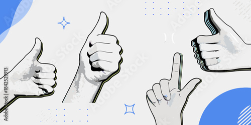 Positive affirmation with hands showing thumbs up and a pointing finger gesture against a modern abstract background.