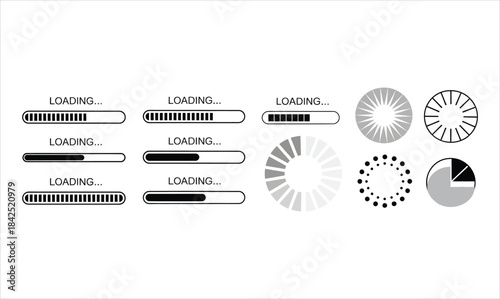 A comprehensive set of black and white user interface loading progress bar and spinner icons
