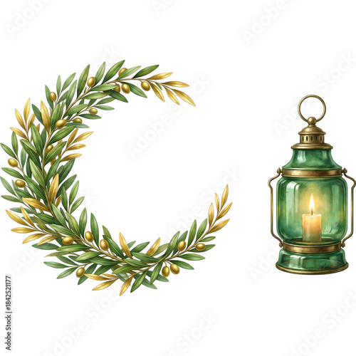 Watercolor Ramadan or Eid Design with Olive Wreath Crescent Moon and Traditional Lantern