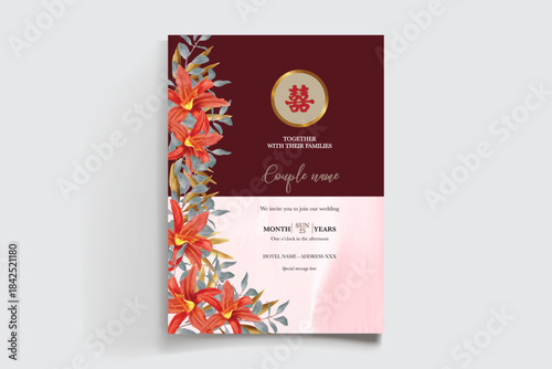 WEDDING INVITATION FRAME WITH FLOWER DECORATIONS AND FRESH LEAVES