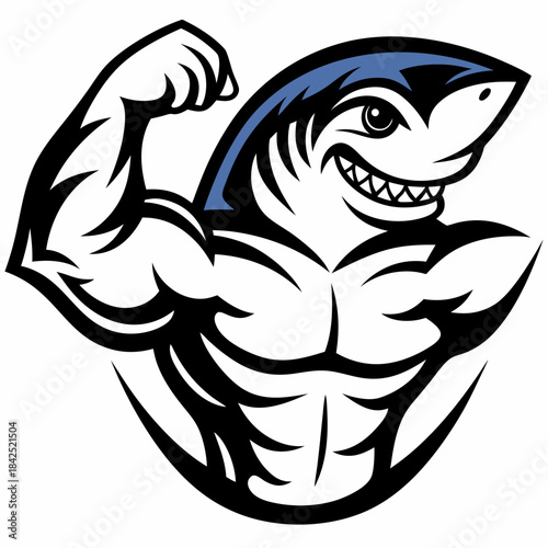Muscular cartoon shark flexing bicep with a confident grin