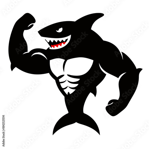 Muscular cartoon shark flexing biceps with a fierce expression