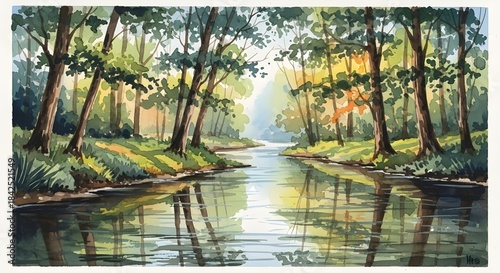 Sunlit forest stream reflecting trees and sky