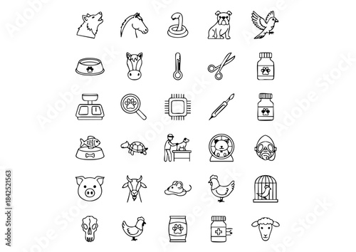 Professional Veterinary Medicine Icon Set, Vector Collection: Animal Health and Pet Care, Black and White Icons for Modern Veterinary Services