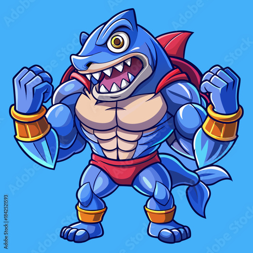 Mascot character of a muscular, blue shark in a superhero pose, ready for action.